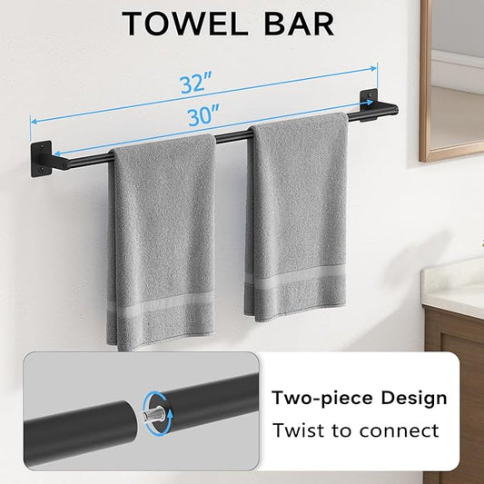 4 Pieces Bathroom Hardware Set, 32 inch Towel Bar, Matte Black Bathroom Accessories Set, Towel Racks for Bathroom, Robe Towel Hooks, Toilet Paper Holder Wall Mounted