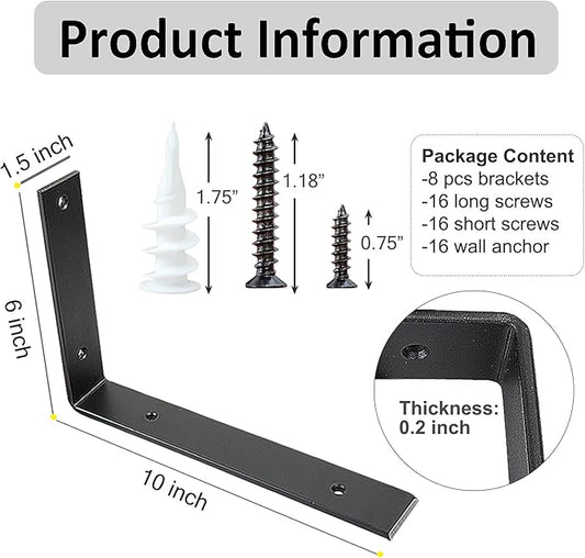 Shelf Brackets 10 Inch Wall L Brackets 8PCS Heavy Duty for Shelves Metal Black Rustic Industrial Brackets for DIY Opening Shelves Project Hardware Included