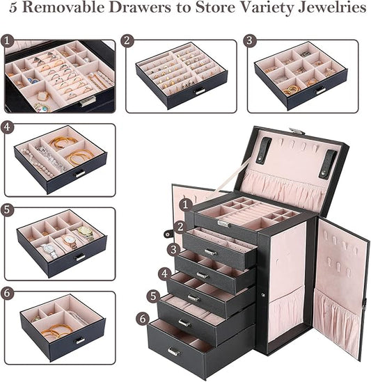 ProCase Large Jewelry Organizer Box for Women, 6 Layers Storage Display Holder Case with Drawers and Dividers for Earrings Necklaces Rings Bracelets, Mother's Day Gift -Black