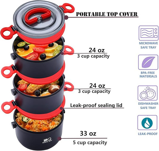 Bento Lunch Box for Adults with Bag & Utensils, 81oz Large Capacity Leakproof 3 Tier Stackable Lunch Box Containers for Adults Work, Men Women Dining Out, Insulated Bento Box Microwave Safe, Black