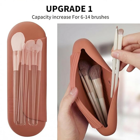 Silicone Makeup Brush Holder Travel Cosmetic Bag:Soft Portable Cosmetic Face Brushes Holder with Upgrade Anti-Fall Out Magnetic Closure, Large Travel Makeup Brush Case - Brown