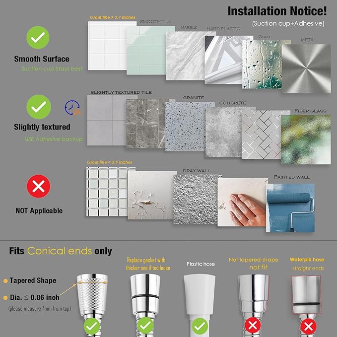 Suction Cup Hand held Shower Head Holder- 5 Angles Adjustable -Reusable -Bathroom Wall Mount Shower Wand Holder - (Polished Chrome)