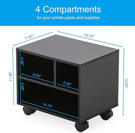 FITUEYES Mobile Printer Stand with Storage, Under Desk Black Wood Small Rolling Printer Table Work Cart with Wheels and 3 Compartment Organizer Spaces for Home Office, 15.7 x 11.8 x 13.8