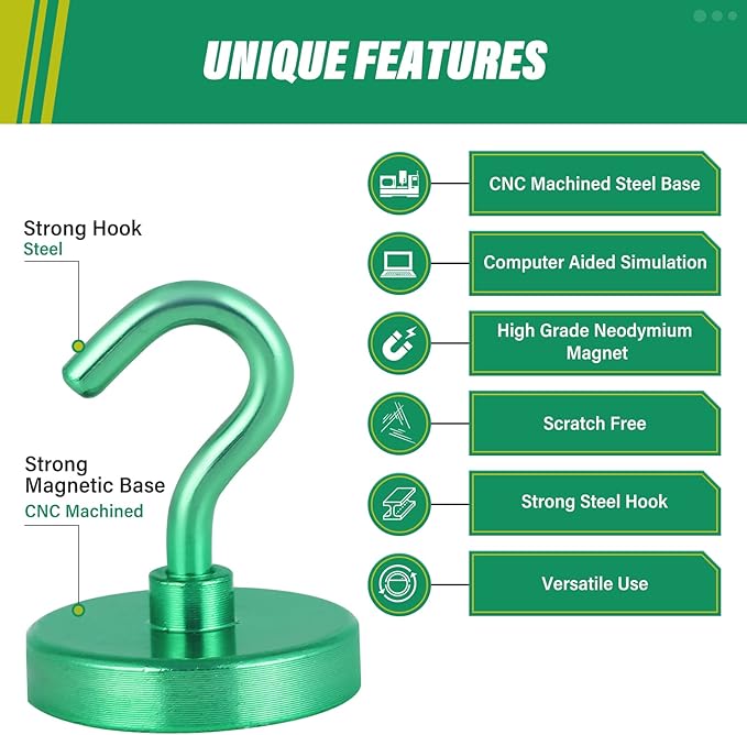 Neosmuk Magnetic Hooks, Heavy Duty 130lb+ Strong Magnet Hook for Cruise Cabins, Cruise Ship Essentials for Hanging, Metal Wall Refrigerator Hangers (Green, 10 Pack)