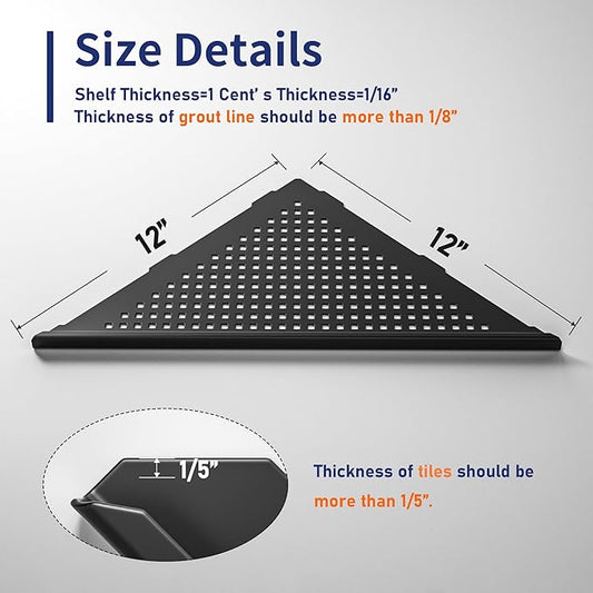 Corner Shower Shelves, 12" Matte Black 304 Stainless Steel Recessed Shelf for Bathroom, Grout in Shelf for Tiled Wall, 2 Pack Large Size