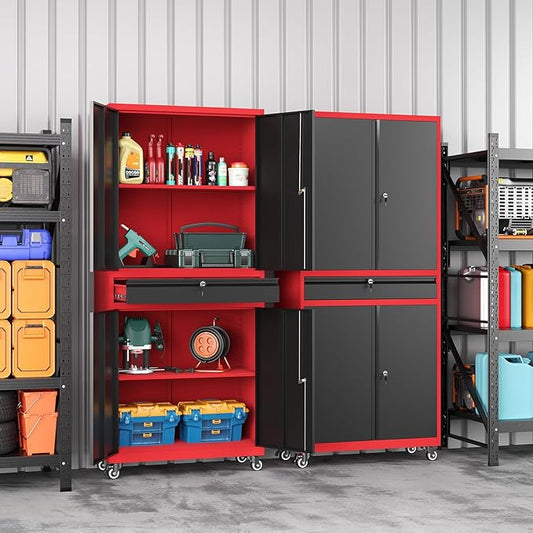 73" Metal Garage Storage Cabinet with Wheels, Rolling Tool Storage with Locking Doors, Adjustable Shelves and Drawer, Heavy Duty Steel Tool Cabinet for Garage, Warehouse, School(Red Black)