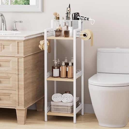 Slim Bathroom Storage Shelf Unit, 3 Tier Corner Storage, Rustic Makeup Organizer, Space-Saving Floor Standing Storage Shelves for Bathroom, Vanity,Kitchen, Laundry 9.85im Matte White