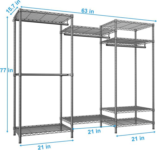 Ulif E13 Heavy Duty Clothes Rack(With 4 Hanger Rods & 8 Shelves) Freestanding Clothing Racks for Hanging Clothes,Adjustable Closet Organizer,Metal Garment Rack 63" W x16 D x77 H,Max Load 900LBS,Grey