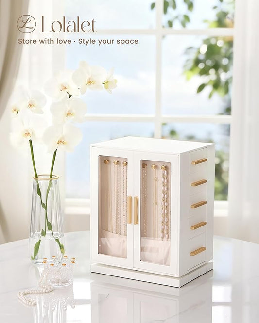 Lolalet Rotating 360° Jewelry Box, Clear Window Jewellery Storage for Earrings Bracelets Necklaces Rings, Large Vertical Organizer for Women, Valentine's Day Gift -White