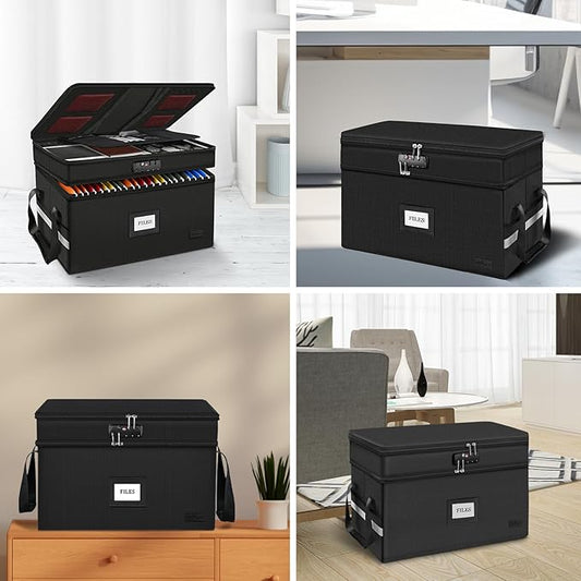 ETRONIK Large Fireproof Document Box with Lock, 2 Layer File Organizer, Portable Office Collapsible File Storage with Reflective Strip for Hanging Letters, Legal Size Folder, Certificate