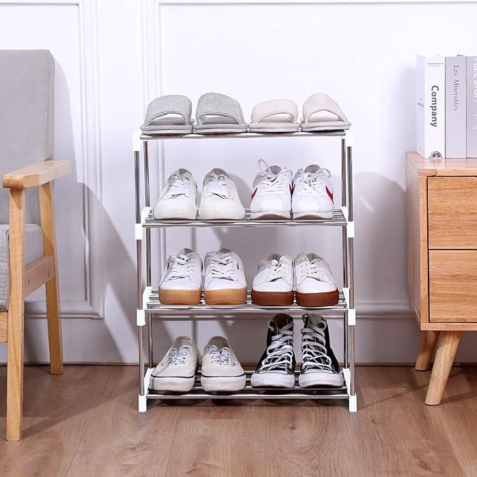Stackable Small Shoe Rack, Entryway, Hallway and Closet Space Saving Storage and Organization (4-Tier, White)