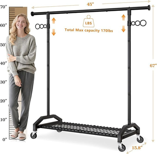 Heavy Duty Clothes Rack Clothing Racks for Hanging Clothes Garment Rack 45" Lx15.8 W x 67" H Rolling Clothes Rack with Wheels