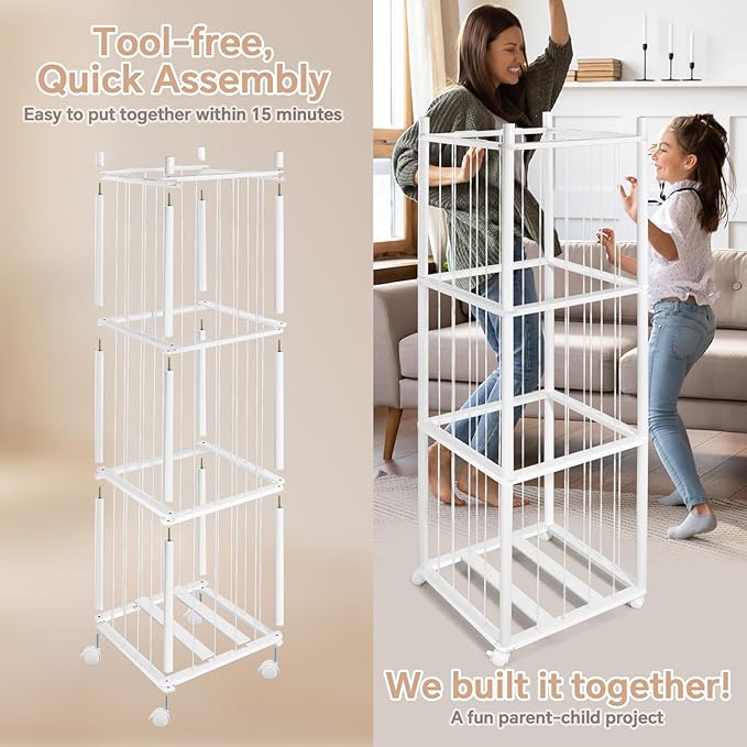 Stuffed Animal Storage Kids, Wood Stuffed Animal Zoo Storage with Brake Wheels, Stuffed Animal Organizer with Elastic Cords for Kids, Perfect for Nursery Playroom Kidroom Bedroom - White