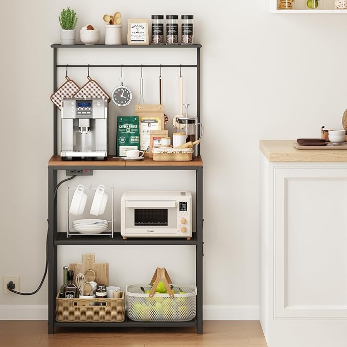 kitchen Bakers Rack with Power Outlet, Coffee Bar Table 4 Tiers, Microwave Stand with 6 S-shaped Hooks, Kitchen Storage Shelf Rack for Spices, Pots and Pans,25.6" L x 12" W x 53.5" H