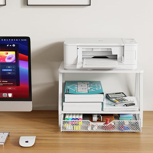 2-Tier Printer Stand with Storage, Desktop Organizer with Drawers for Printer Paper, Desk Shelf for Office and Home Printer Tables for 3D Printers White