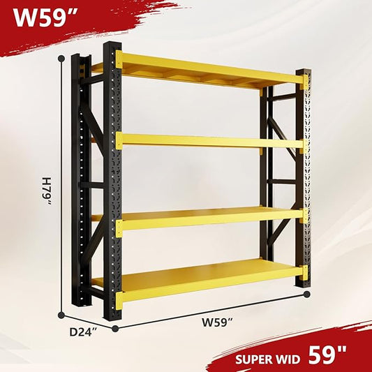 5000lbs Garage Shelving Heavy Duty, 4-Tier Metal Adjustable Garage Shelves, Storage Shelves for Warehouse, Pantry, Basement, 59" W X 24" D X 79" H (Black+Yellow, 59x24x79)