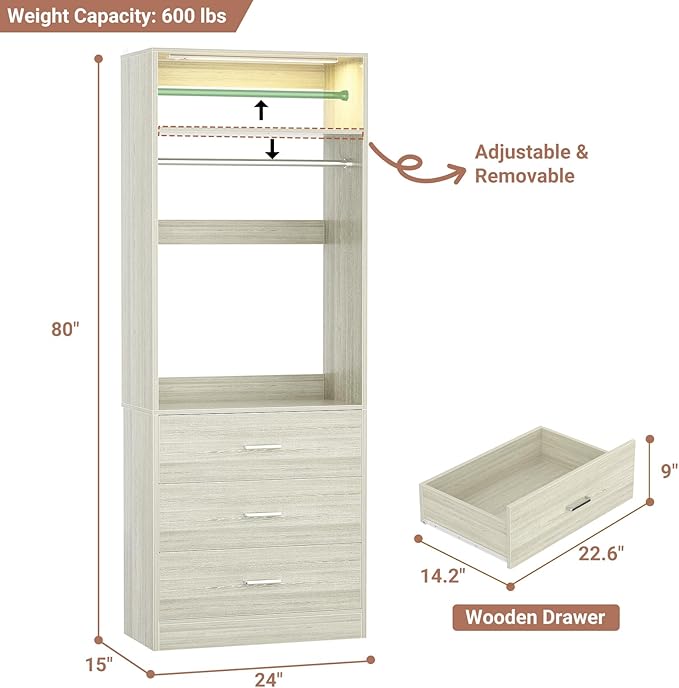 2FT Closet System with 3CCT Sensor Light, 24" Closet Organizer with 3 Wooden Drawers, Closet Systems with Hanging Rod & Top Storage, Small Closets Wardrobe for Walk-in Closets, White Oak