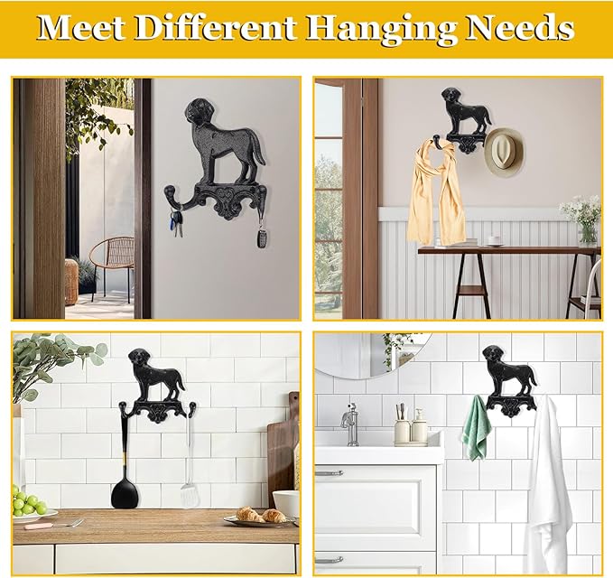 OwnMy Cast Iron Decorative Wall Coat Hook Cute Dog Hook, Vintage Dog Leashes Holder Key Holder for Walls, Heavy Duty Indoor Outdoor Double Wall Hooks for Hanging Towels, Hats, Potted Plants, Tools