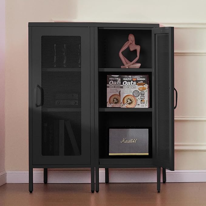 Slim Metal Storage Cabinet with Mesh Doors - 42'' Tall Narrow Organizer Tower, Compact Freestanding Cabinet, Versatile Utility Storage for Home, Office, Bedroom, or Kitchen, Durable and Modern Design