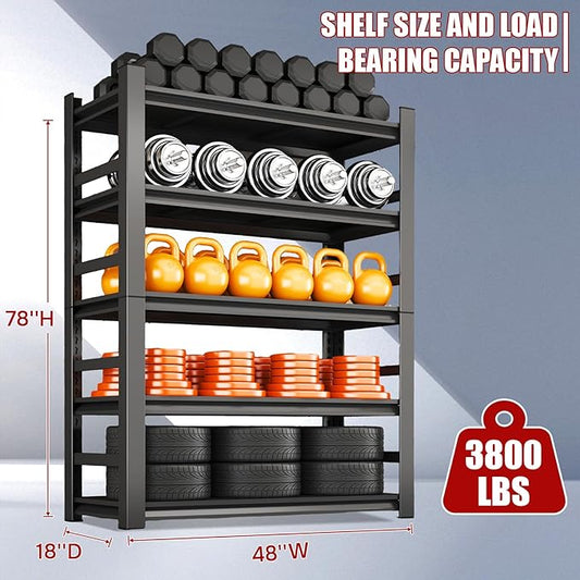 48"W*18"D Garage Shelving Unit, 5-Tier Heavy Duty Metal Shelves with Fences, 3500 lbs Capacity, Adjustable Storage Rack Shelf Organizer for Garage, Basement, Warehouse, Black, 47.2"W X 18"D X 77.4"H