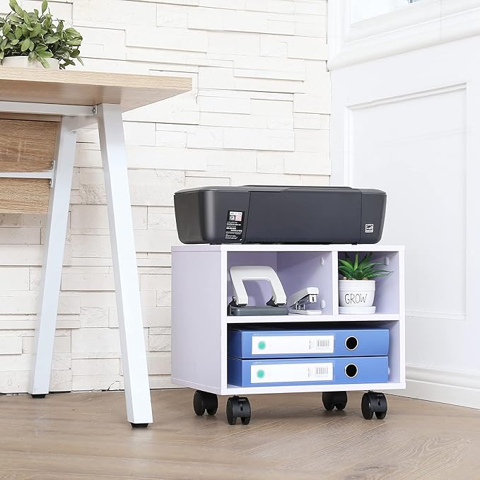 FITUEYES Under Desk Printer Stand with 3 Storage Organizer Compartments, White Mobile Small Printer Table Work Cart on Removable Casters for Home Office, 15.7 in. W x 11.8 in. D x 13.8 in. H