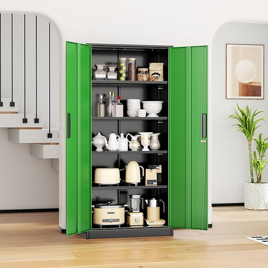 INTERGREAT Metal Lockable Storage Cabinet, 72” Storage Cabinet with 2 Doors and 4 Adjustable Shelves for Office, Home, Garage, Pantry (Assembly Required, Black Green)