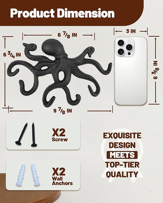 Wall Hooks for Hanging - Cast Iron Vintage Wall Decor Coat Rack - Vintage Rustic Design Hat Hooks for Kitchen, Entryway - Handmade Heavy Duty Key Hook (Octopus)