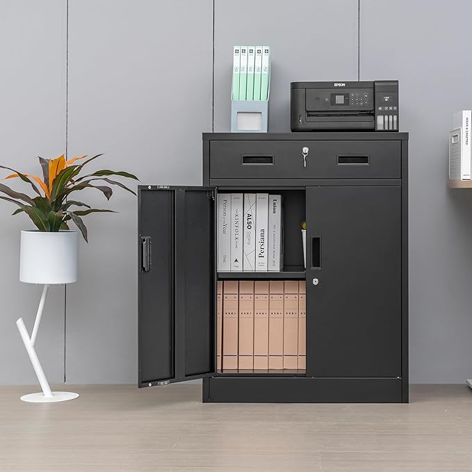 CMY Metal Storage Cabinet, Locking Storage Cabinet with One Drawer and Adjustable Shelf, 36.2" H x 28" W x 16" D Metal Cabinet for Office, Garage, Home-Black