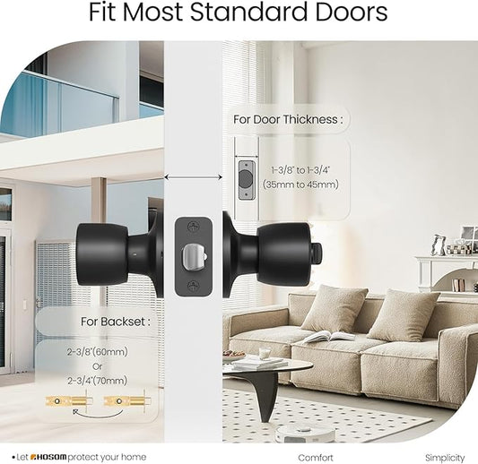 HOSOM Matte Black Door Knob with Lock and Key, Exterior Door Lock for Bedroom and Bathroom, Keyed Entry Door Knob Interior, Stainless Steel Door Handle, 2 Pack