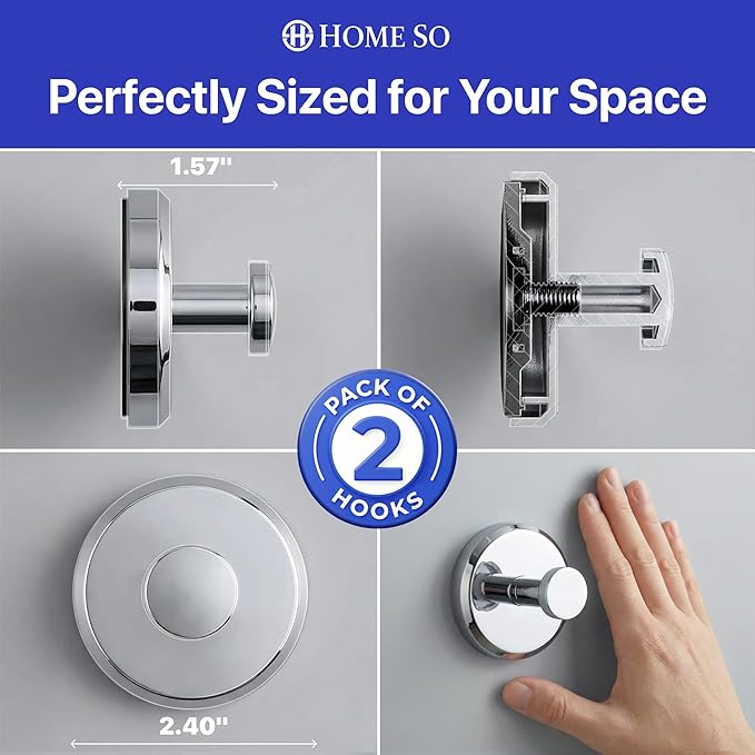 HOME SO Suction Cup Hooks for Shower & Bathroom Towel Holder 2-Pack – Suction Cups Hooks for Hanging Towels, Robes, & Coats - Tiles, Glass Door or Mirror – Shower Hooks & Towel Hooks Organizer -Chrome