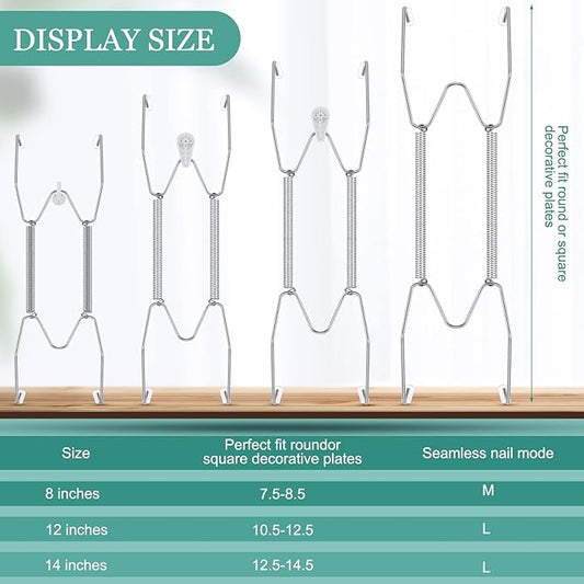 Hotop 12 Pieces Plate Hangers for Wall Stainless Steel Wire Invisible Heavy Duty Plate Hangers Display Holders with 12 Pieces Hooks for Wall Decorative(8/12/14 Inch,Silver)