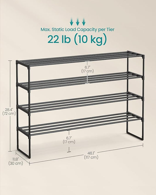 SONGMICS Shoe Rack, 4-Tier Shoe Organizer, Metal Storage Shelf, Upright or Upside Down, for 25-30 Pairs, Stackable, for Entryway, 11.8 x 46.1 x 28.4 Inches, Black ULSA034B01