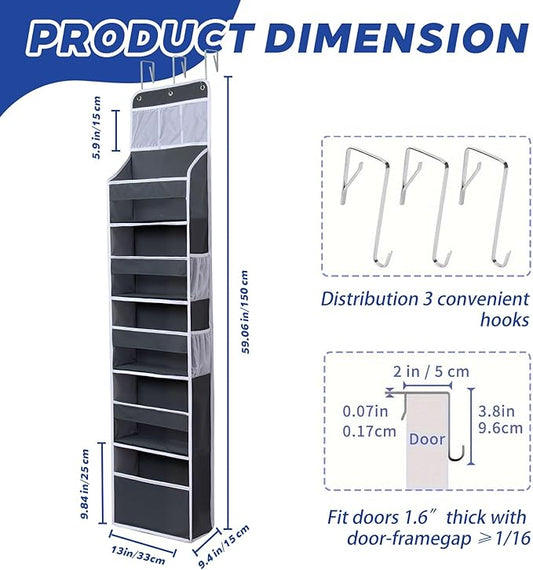 Over The Door Organizer 6 Tier with 12 Pockets & Reinforced Hooks - 59" Hanging Storage Organizer for Bathroom, Nursery, Pantry & Laundry (Deep Grey)