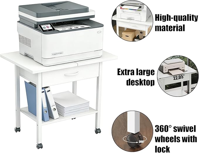 Large 22" x 15" Under Desk Printer Stand, 2-Tier Shelf Printer Table with Stronge Fabric Drawer and Wheels,Rolling Cart for Home Office Fits 3D Printer Scanner (White)
