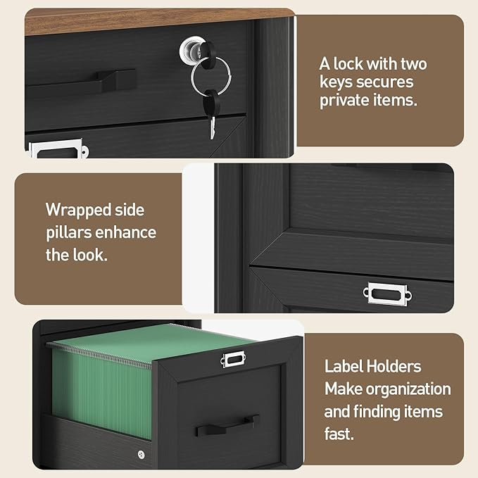 3 Drawer File Cabinet with Lock, Wooden Farmhouse Filing Cabinet with Storage Fits Letter and A4 Size, Vertical Printer Stand for Home Office, Rustic Brown and Black