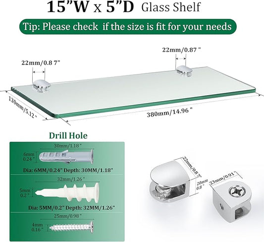 SAYAYO Floating Glass Shelves for Bathroom, 15 x 5 Inch Chrome Tempered Glass Shelf for Wall 1 Pack, Clear