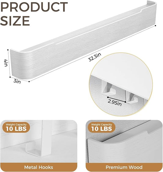 Wall Coat Rack Floating Shelves Modern Coat Rack Wall Mount with Storage Entryway Shelf Wooden Hanger 20 Inch 4 Hidden Metal Hooks for Living Room Bedroom (White, 8 Hooks)