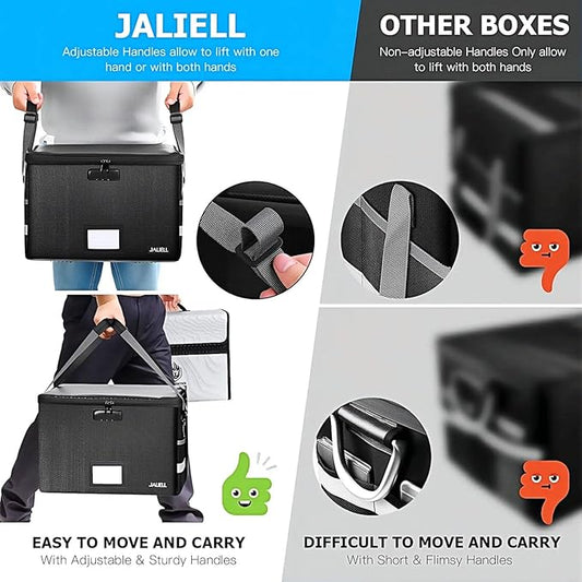 File Box with Lock, Fireproof Document Box File Organizer with Zipper & Adjustable Handle, Collapsible File Storage Box for Home Office, Filing Cabinet for Hanging Letter/Legal Folder