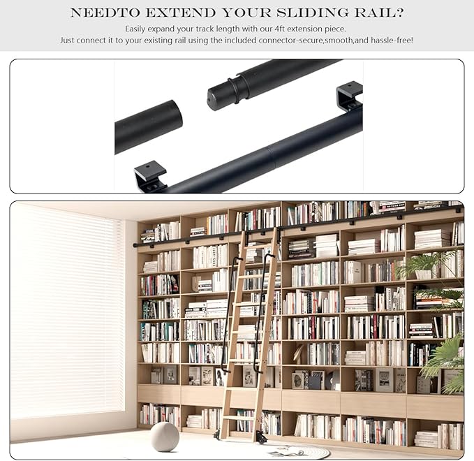 4FT Sliding Library Ladder Track Extension (Not Including Roller Set) for Countryside Black Additional Track in a Rolling Ladder System