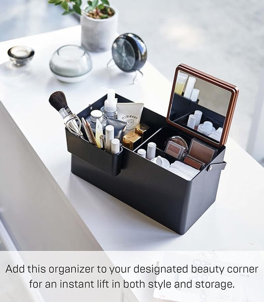 YAMAZAKI Home Tower Large Makeup Organizer Cosmetic Caddy With Handle Vanity Storage Drawer With Lid - Steel + Wood