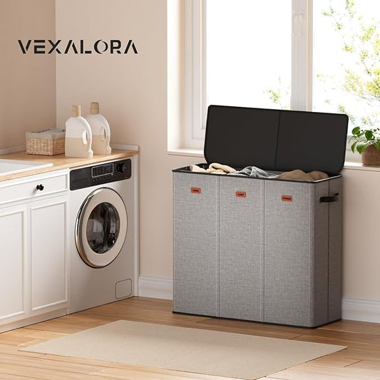 185L Laundry Hamper 3 Section, Laundry Hamper with Lid, Dirty Clothes Hamper with 3 Removable Washing Bags, Extra Large Laundry Basket Organizer for Bedroom, Laundry Room, Dorm - Gray