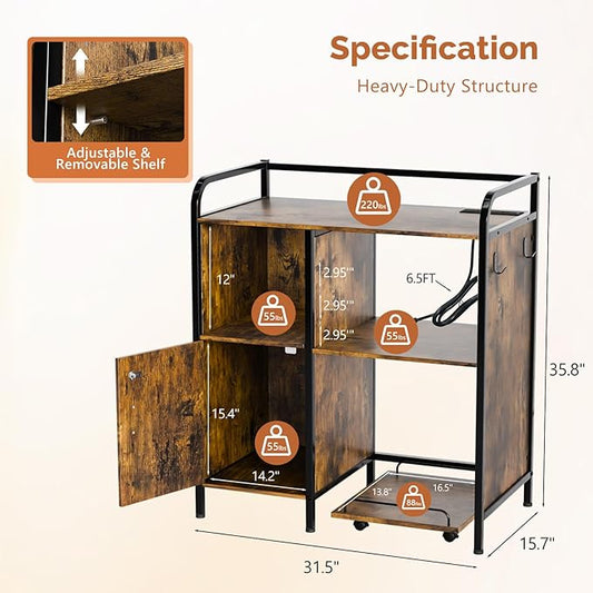 VINGLI Multifunctional Printer Stand with Trolley, Paper Shredder Stand Rack with Wheels, Lateral Office Storage Cabinets with Socket and USB Charging Port, Open Shelves for Home Office (Rustic Brown)