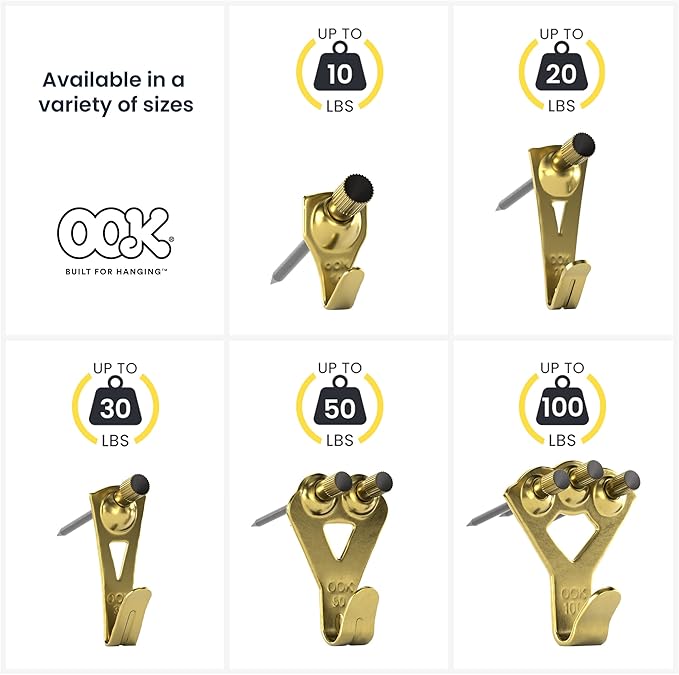 OOK 50615 Professional Picture Hangers, Art Hangers, Padded, Brass, Reusable Picture Hooks, 20lb (15 set)