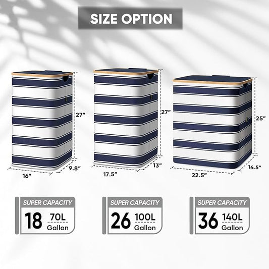 BALEINE Laundry Hamper with Lid, Tall Laundry Baskets with Bamboo Pull Handles, Large Laundry Bin with Internal Support (18 Gal/70L, Blue Stripe)