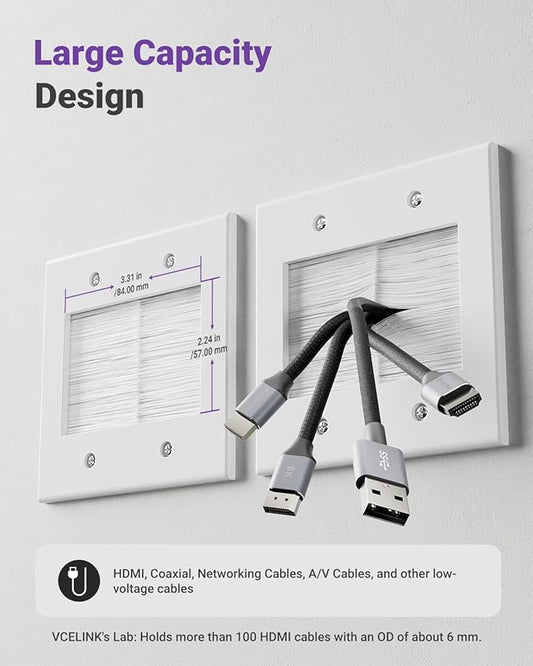 VCELINK 2 Gang Brush Wall Plate, Cable Pass Through Wire Hider for Cable Management, Ethernet Cables, HDMI Cables and Home Theater Systems, 2 Pack