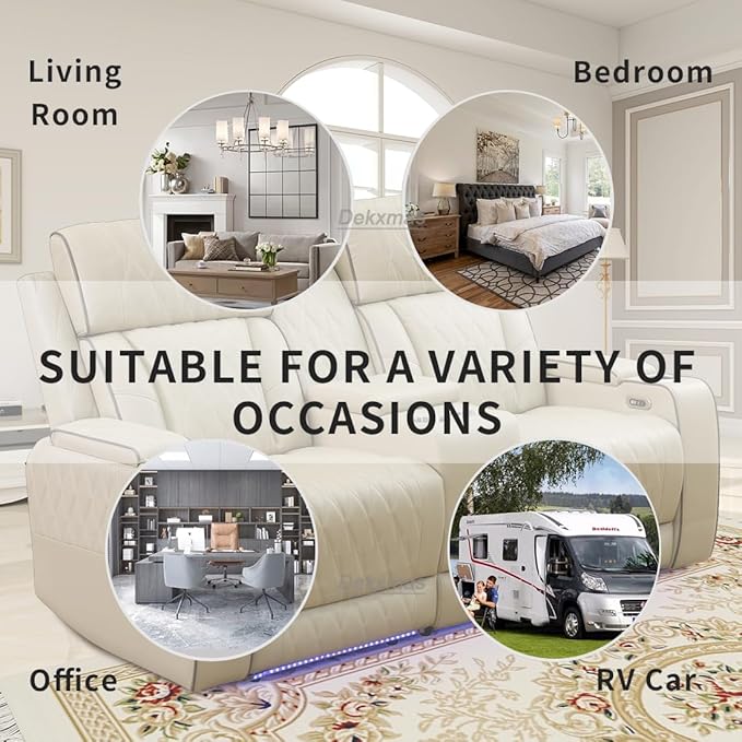 Living Room Furniture Sets, Power Recliner Sofa Couches, Beige Breathing Leather Sofa Loveseat with 2 Recliner Seats/Cup Holders/LED Light/USB Port for Living Room, Apartment, Office