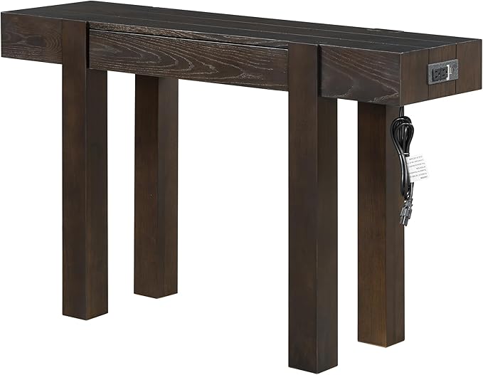 47" Rustic Minimalist Solid Wood Sofa Table Console, Modern Table with Hidden Drawer, Hallway Desk with Side Power Outlet for Entryways Living Rooms Home Offices, Espresso