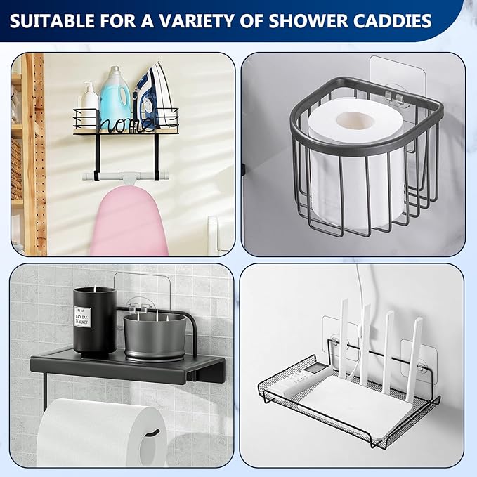 14 Pack Shower Caddy Adhesive Replacement, Waterproof Strong Hooks for Shower Caddy, No Drilling Bathroom Storage Shelves, Soap Holder, and Kitchen Racks (Clear 1 Hooks)