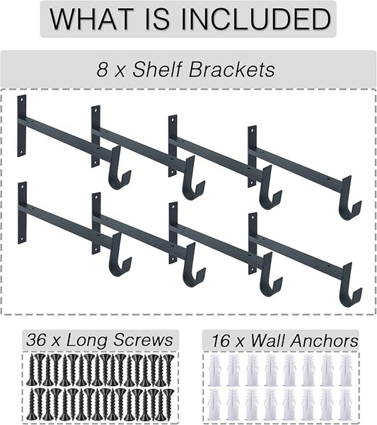 OVOV Closet Rod Bracket Heavy Duty 12 Inch Closet Shelf Brackets with Rod Holder Black Wall Mounted Closet Rod Support Brackets with Hook (8 Pack)