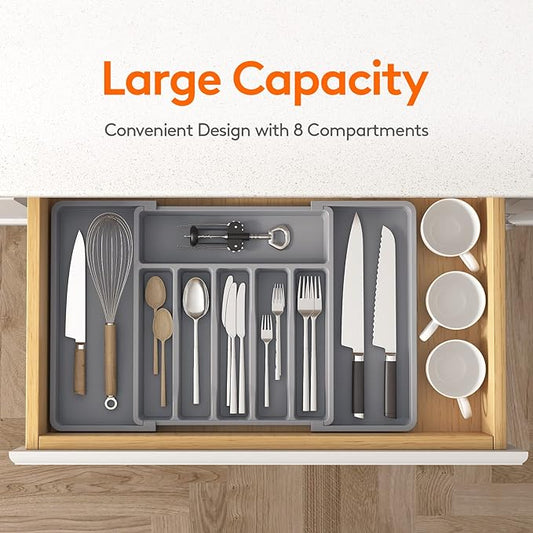 Lifewit Silverware Drawer Organizer, Expandable Utensil Tray for Kitchen, BPA Free Flatware and Cutlery Holder, Adjustable Plastic Storage for Spoons Forks Knives, 13-22 x 15", Grey